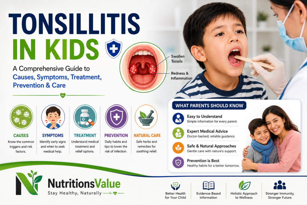 Tonsillitis in kids showing swollen tonsils and pediatric care