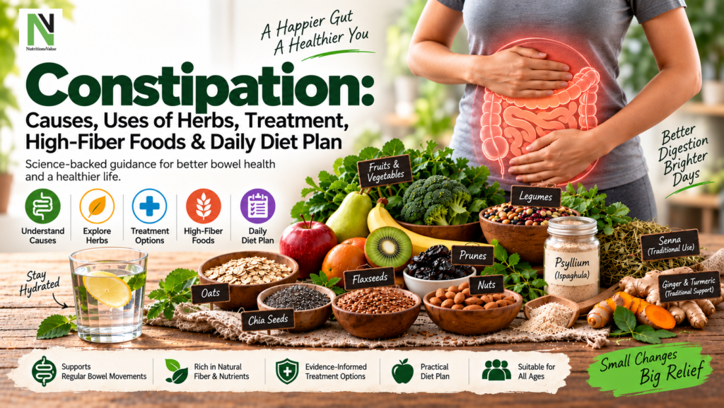 High fiber foods, herbs and healthy diet plan for constipation