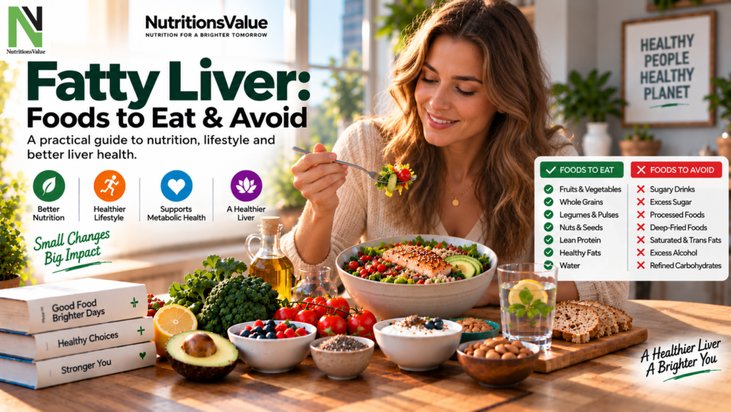 Foods to eat and avoid for fatty liver including vegetables, whole grains, fruit and healthy protein