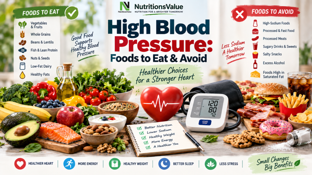 High blood pressure foods to eat and avoid including vegetables, fruits, whole grains and low sodium foods