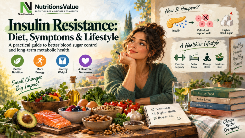 Insulin resistance diet symptoms and lifestyle guide with healthy foods exercise and metabolic health