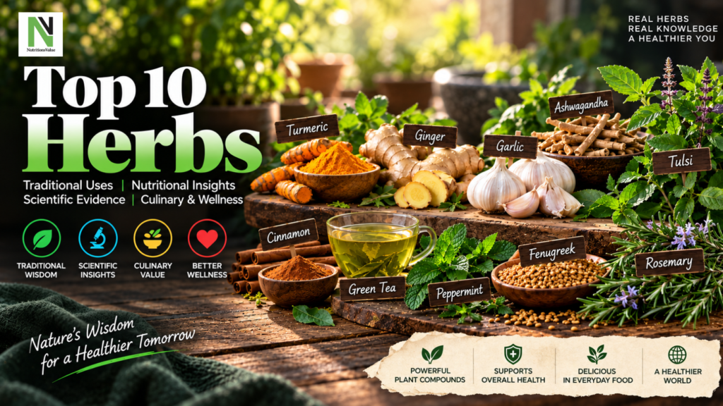 Top 10 herbs including turmeric, ginger, garlic, tulsi and rosemary