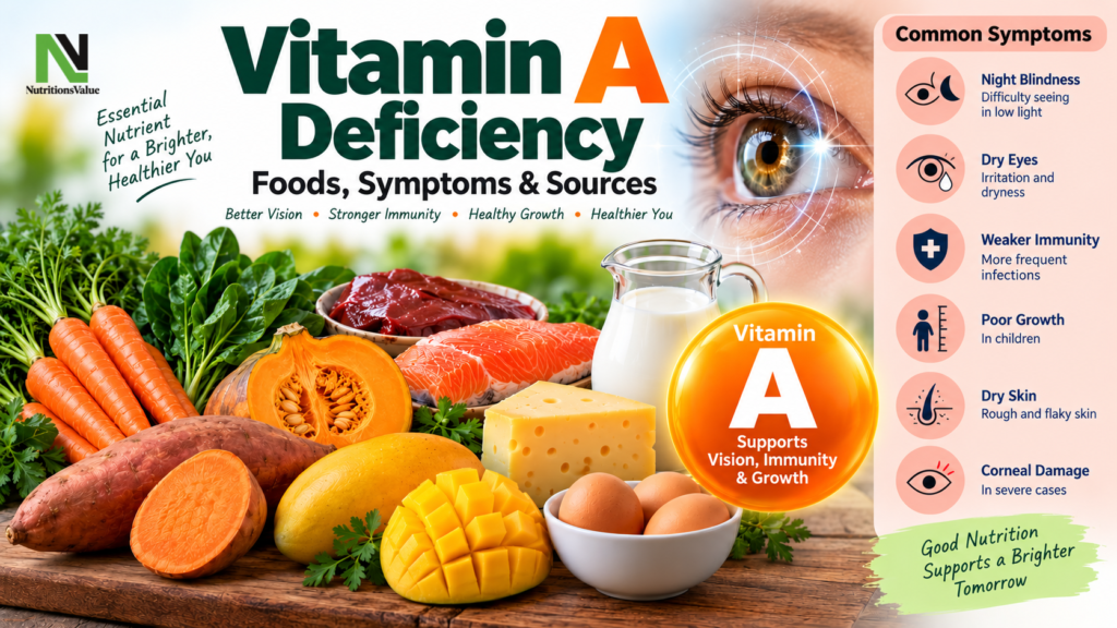 Vitamin A deficiency foods, symptoms and sources infographic