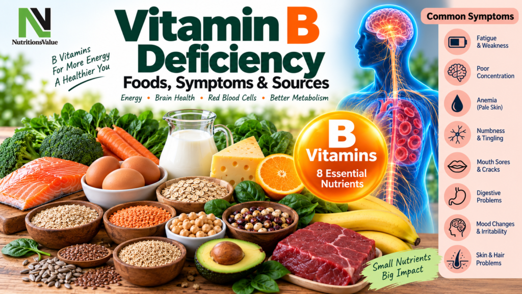Vitamin B deficiency foods, symptoms and sources infographic