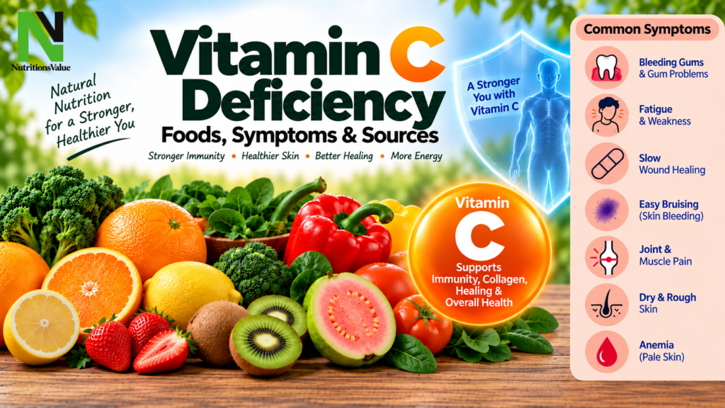 Vitamin C deficiency foods, symptoms and sources infographic