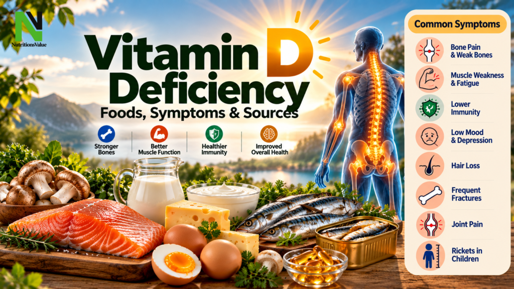 Vitamin D deficiency foods, symptoms and sources infographic