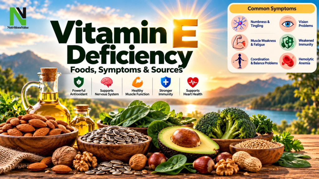 Vitamin E deficiency foods, symptoms and sources infographic