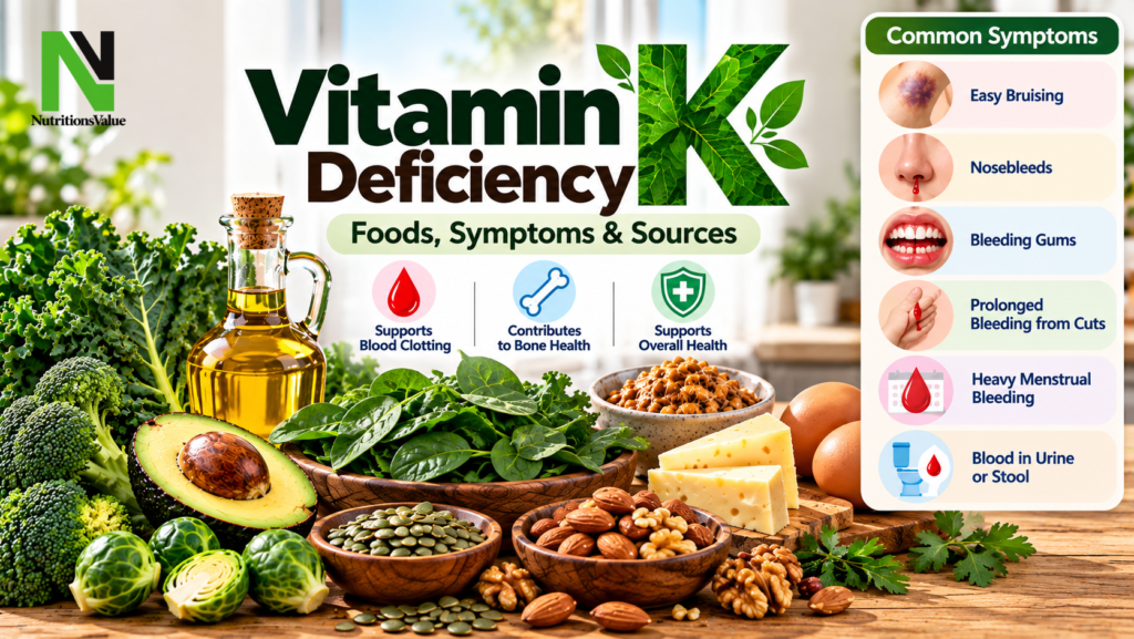 Vitamin K deficiency foods, symptoms and sources infographic